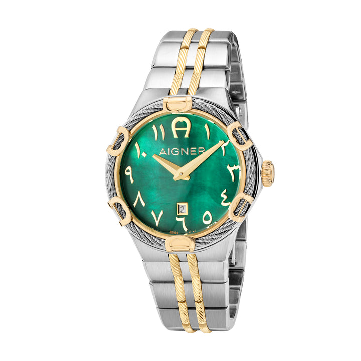 Aigner Parma Ladies Two Tone Yellow Gold Bracelet Green Mop Dial Watch | Ma135207 | The Watch House. Shop at www.watches.ae Regular price AED 3500 . Online offers available.