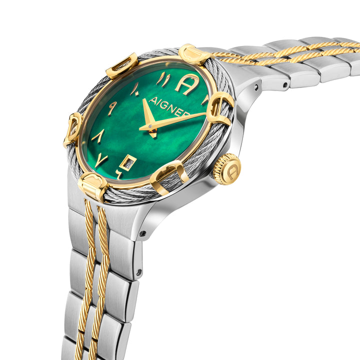 AIGNER PARMA LADIES TWO TONE YELLOW GOLD BRACELET GREEN MOP DIAL WATCH
