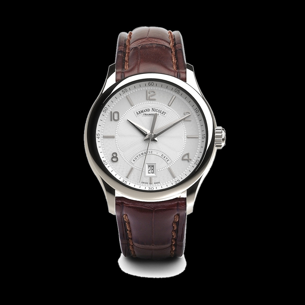 ARMAND NICOLET M02-4 MEN'S AUTOMATIC BROWN STRAP SILVER DIAL WATCH