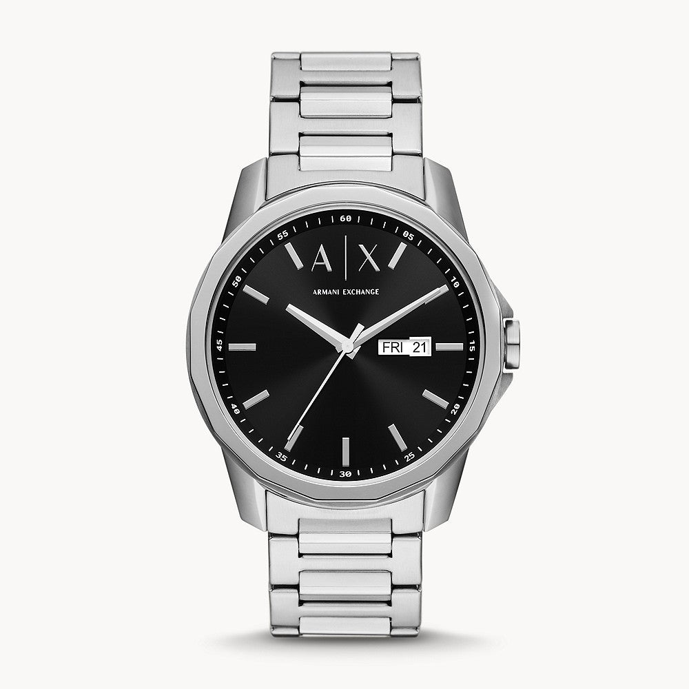 ARMANI EXCHANGE THREE-HAND DAY-DATE STAINLESS STEEL WATCH – The Watch House
