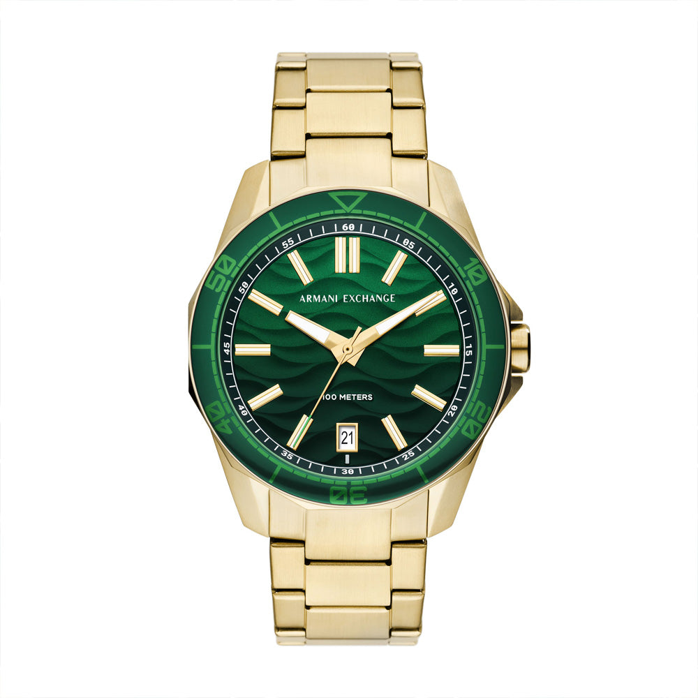 Armani Exchange Men's Three-Hand Date Gold-Tone Stainless Steel Green Dial Watch