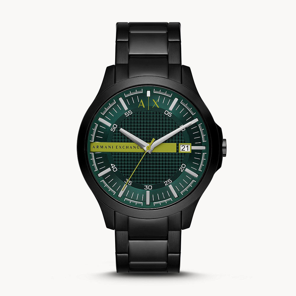 Armani Exchange Men's Three-Hand Date Black Stainless Steel Green Dial Watch