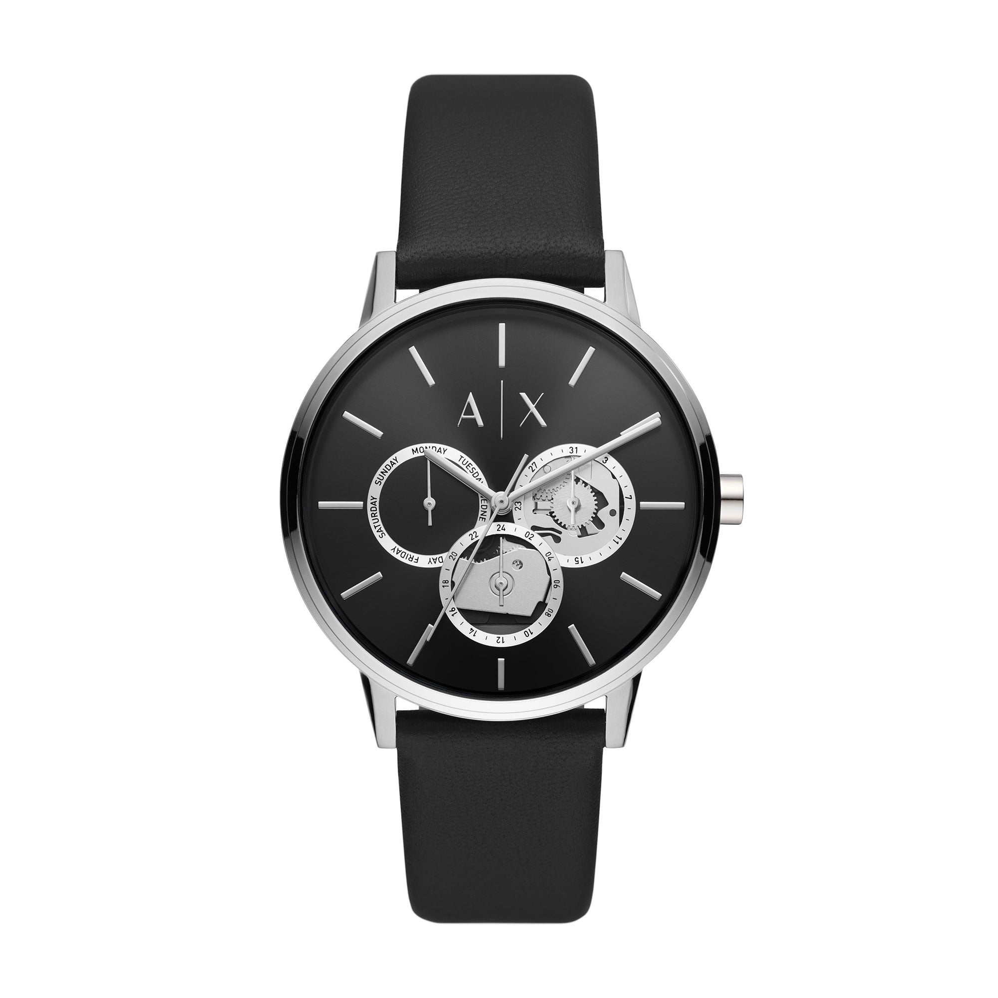 Armani Exchange Men s Multifunction Black Leather Watch The