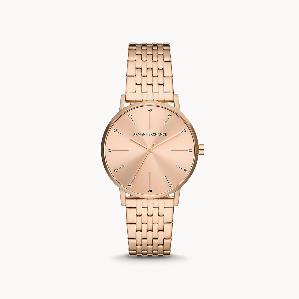 Armani Exchange Women's Three Hand Rose Gold Tone Stainless Steel Watch