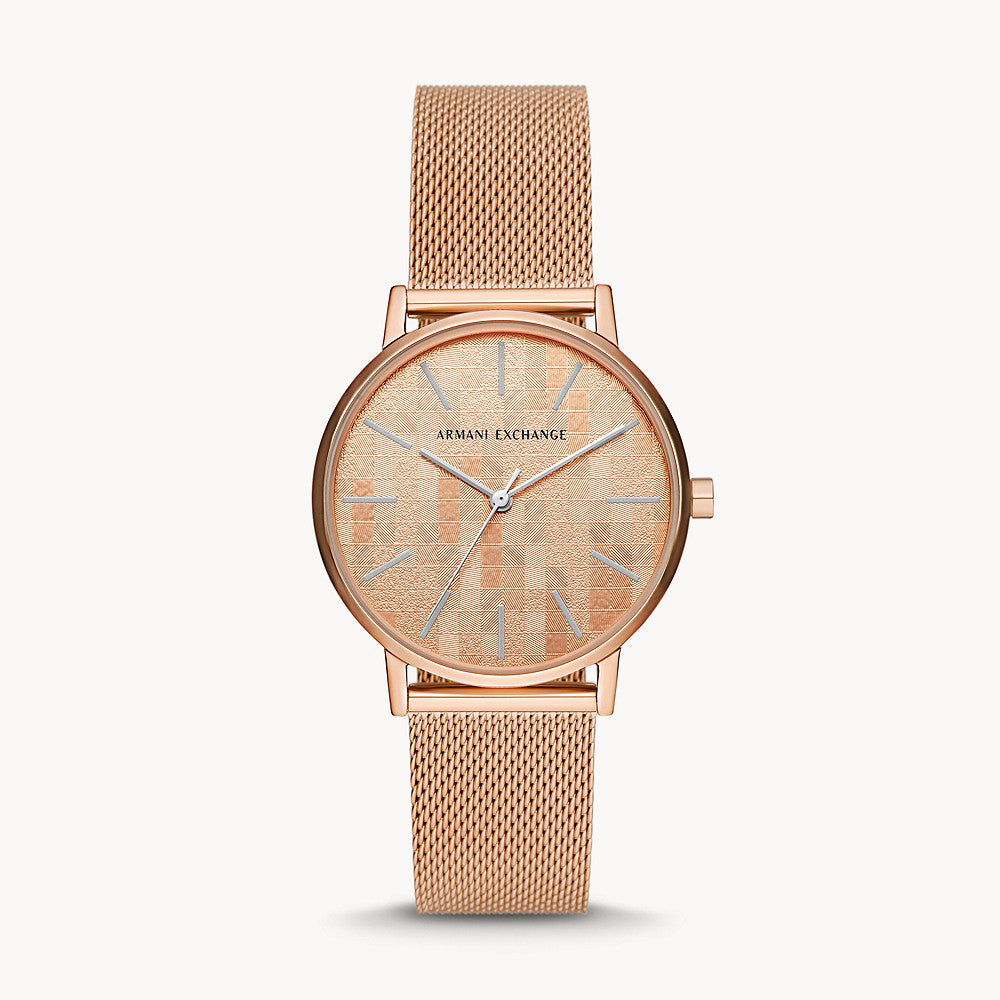 Armani Exchange Women's Three-Hand Rose Gold-Tone Stainless Steel Mesh Watch