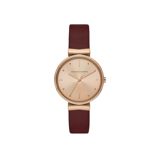 Armani Exchange Women's Three-Hand Red Leather Rose Gold Dial Watch