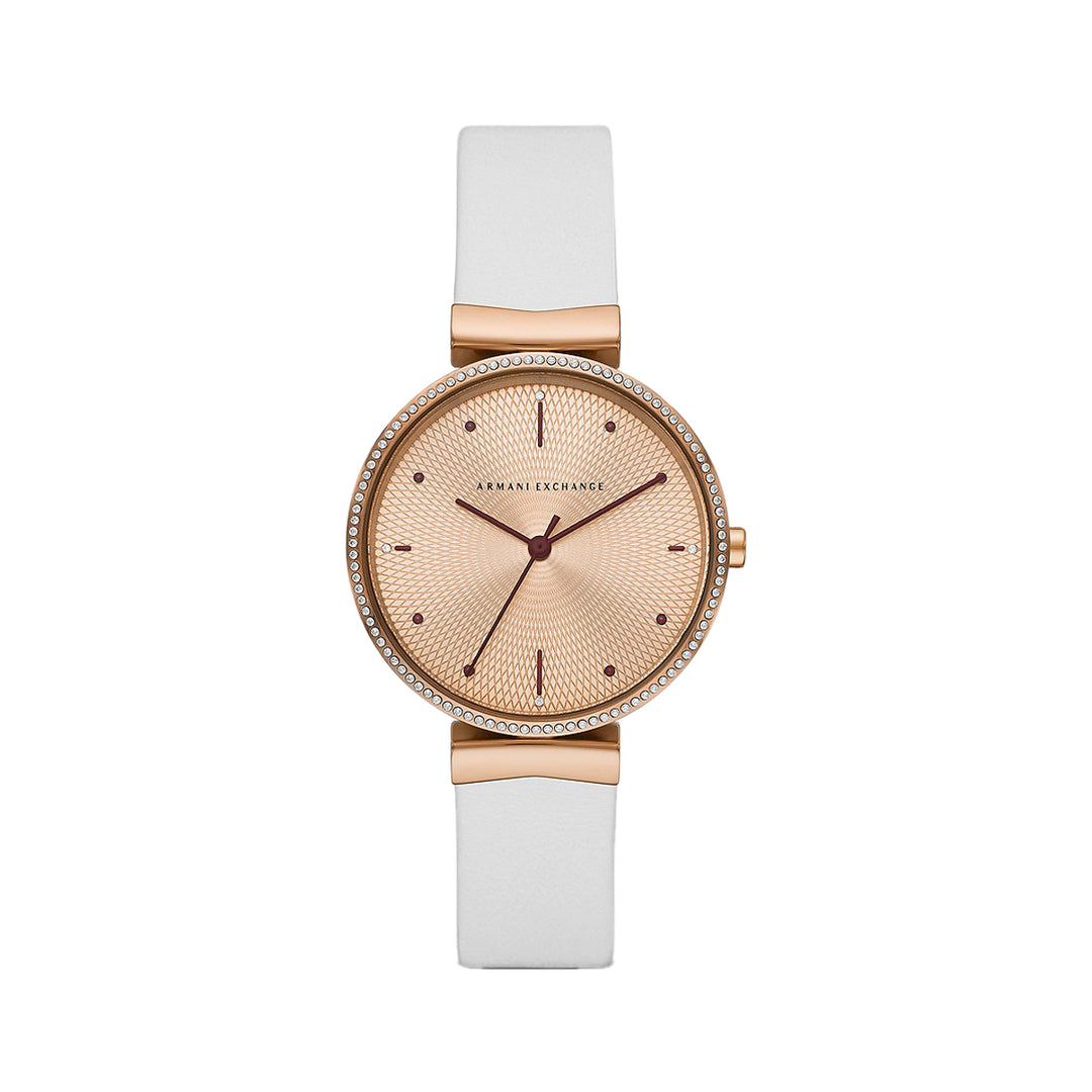 Armani Exchange Women's Three-Hand White Leather Rose Gold Dial Watch