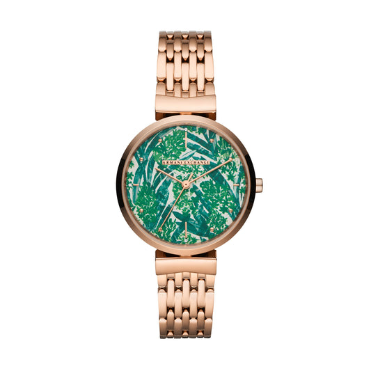 Armani Exchange Women's Three-Hand Rose Gold-Tone Stainless Steel Green Dial Watch
