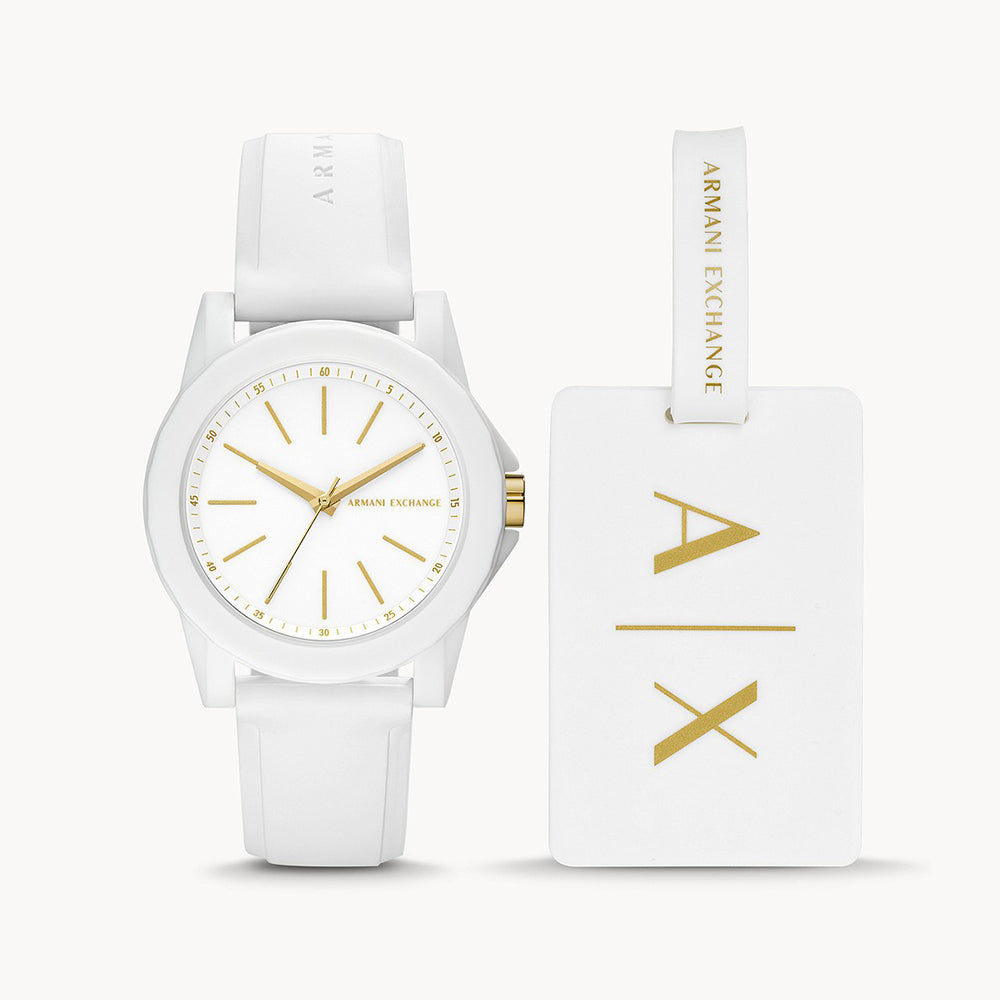 Armani Exchange Women's Three-Hand White Silicone Watch And Luggage Tag Gift Set