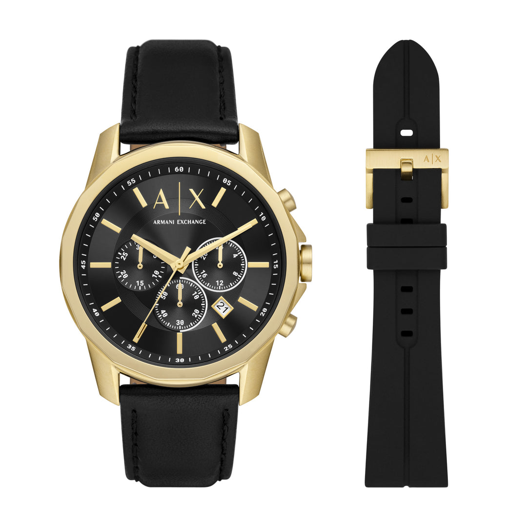 Armani Exchange Men's Chronograph Black Leather Watch Gift Set