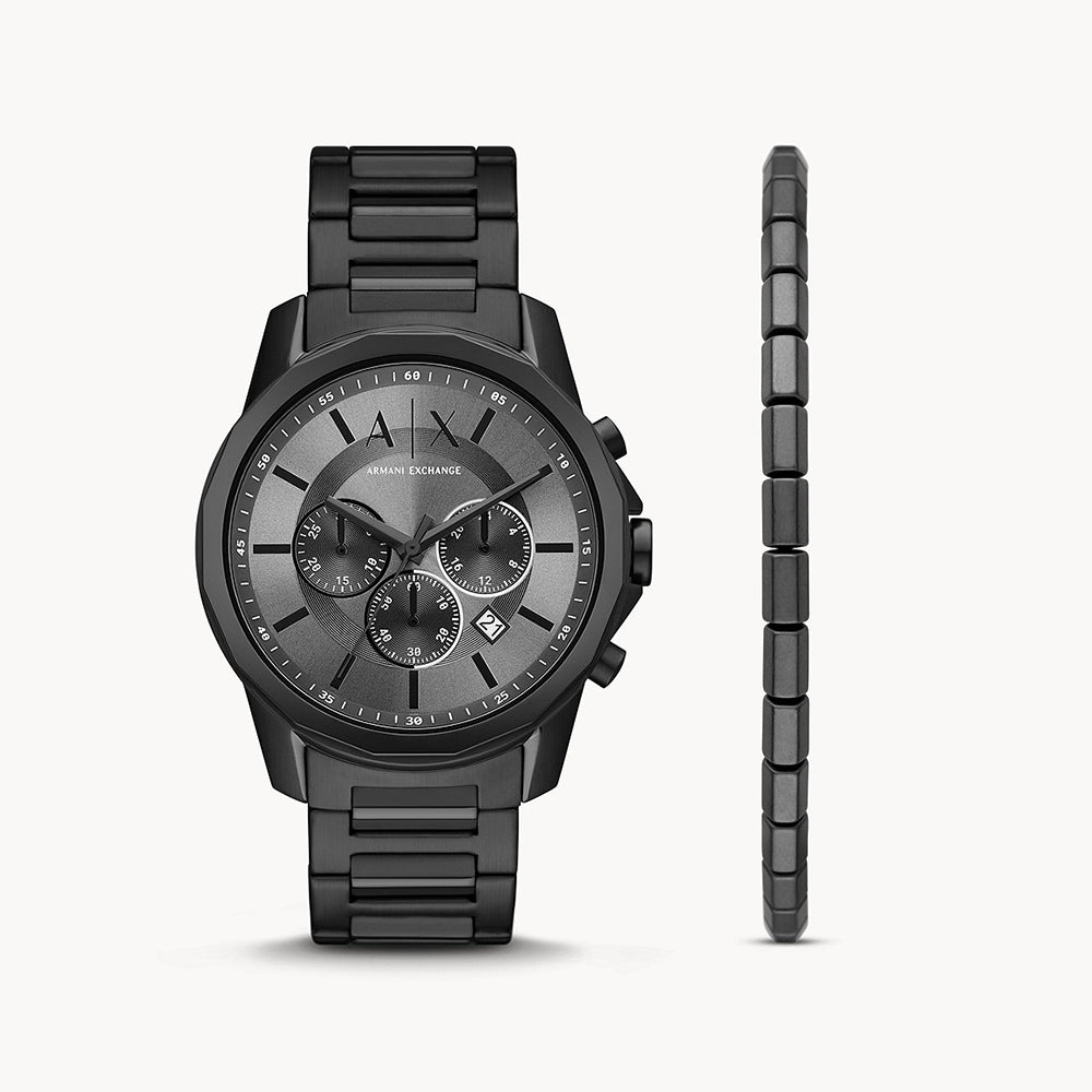 Armani Exchange Men's Chronograph Black Stainless Steel Watch And Bracelet Gift Set