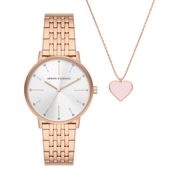 Armani Exchange Three-Hand Rose Gold-Tone Stainless Steel Watch and Rose Gold-Tone Stainless Steel Necklace Set