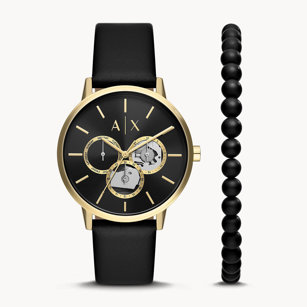 Armani Exchange Men's Black Leather Watch and Bracelet Set
