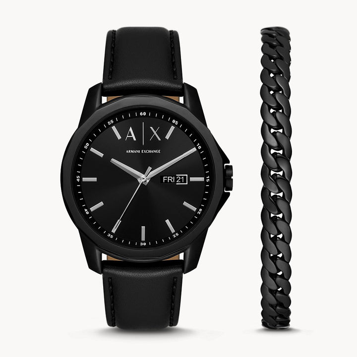 Armani Exchange Men's Three-Hand Day-Date Black Leather Watch And Black Stainless Steel Bracelet Set