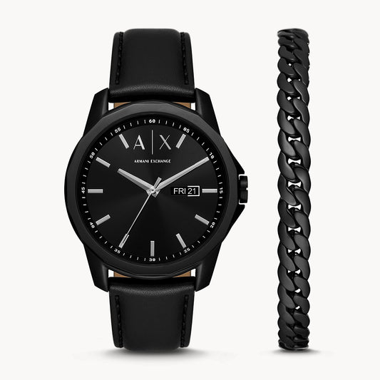 Armani Exchange Men's Three-Hand Day-Date Black Leather Watch And Black Stainless Steel Bracelet Set