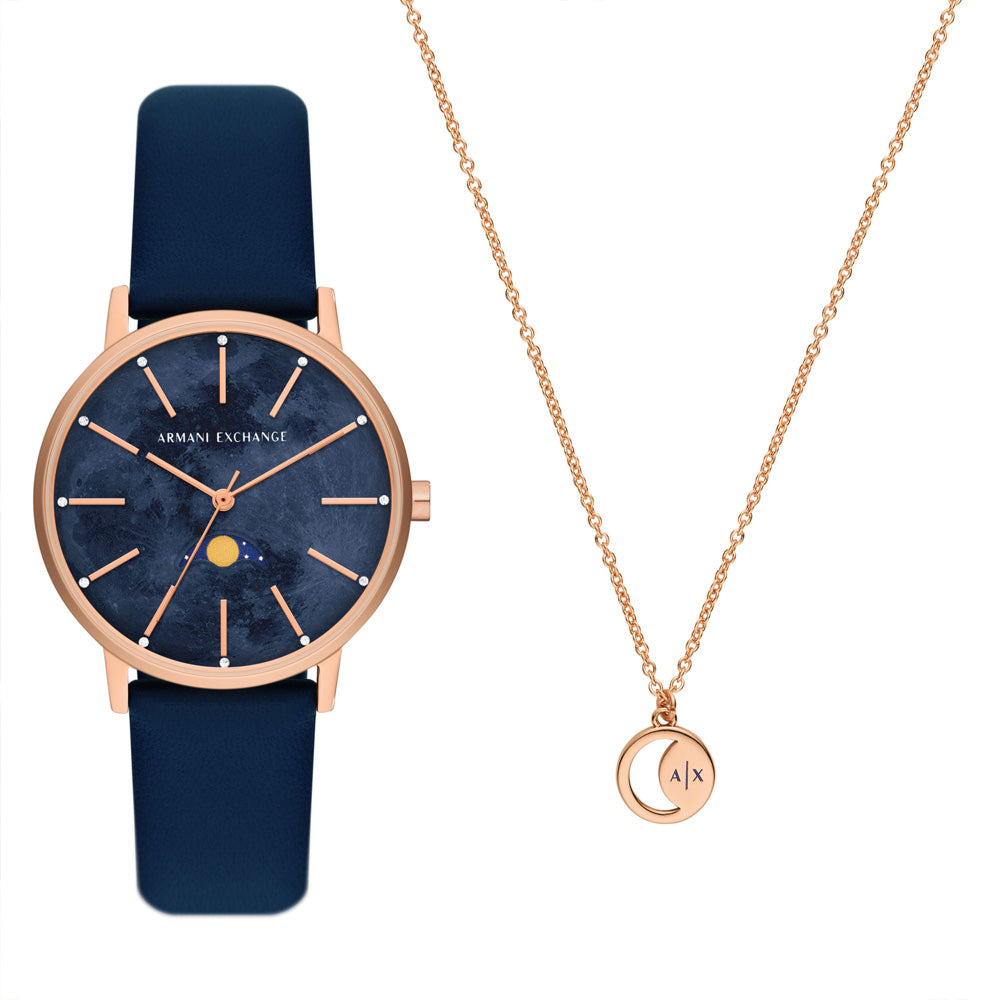 Armani Exchange Women's Multifunction Moonphase Blue Leather Blue Dial Watch and Rose-Tone Brass Necklace Set