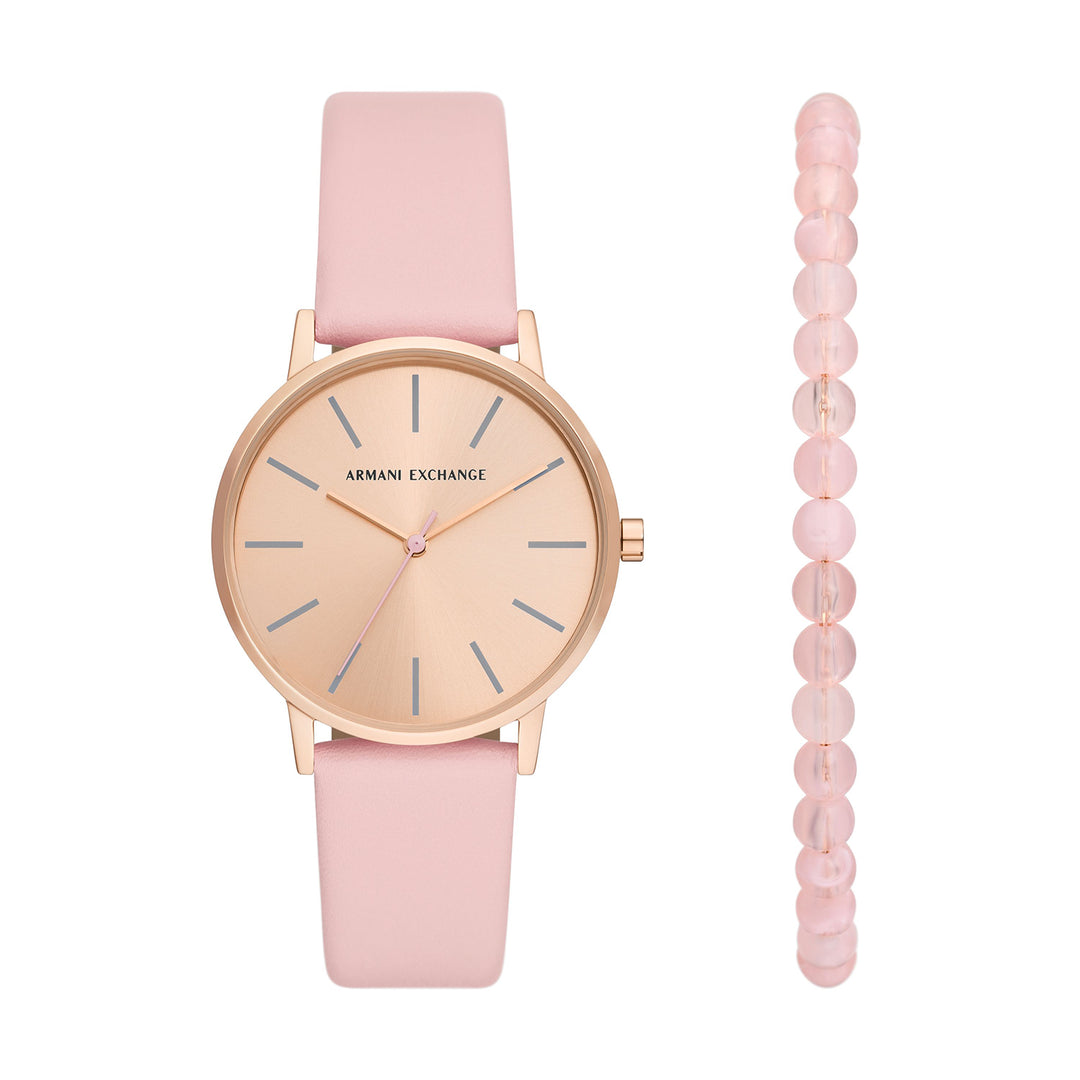 Armani Exchange Three-Hand Pink Leather Watch And Bracelet Set