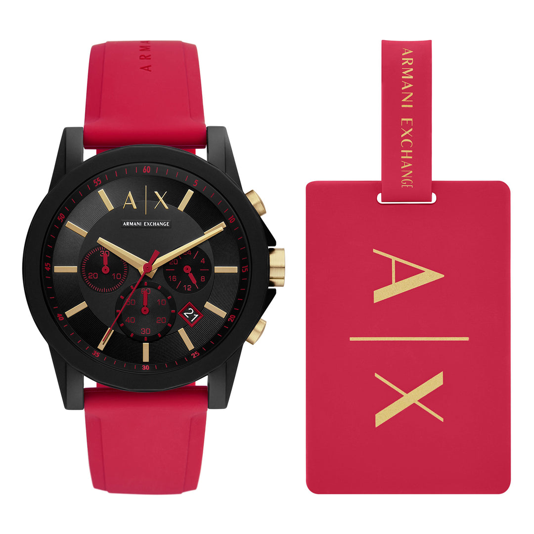 Armani Exchange Chronograph Red Silicone Watch And Luggage Tag Set