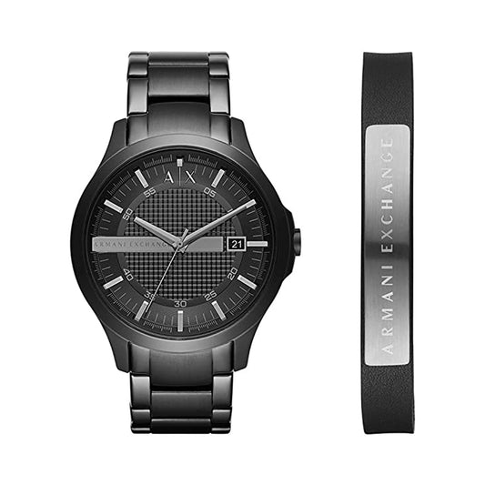 Armani Exchange Men's Three-Hand Date Black Stainless Steel Watch and Bracelet Gift Set