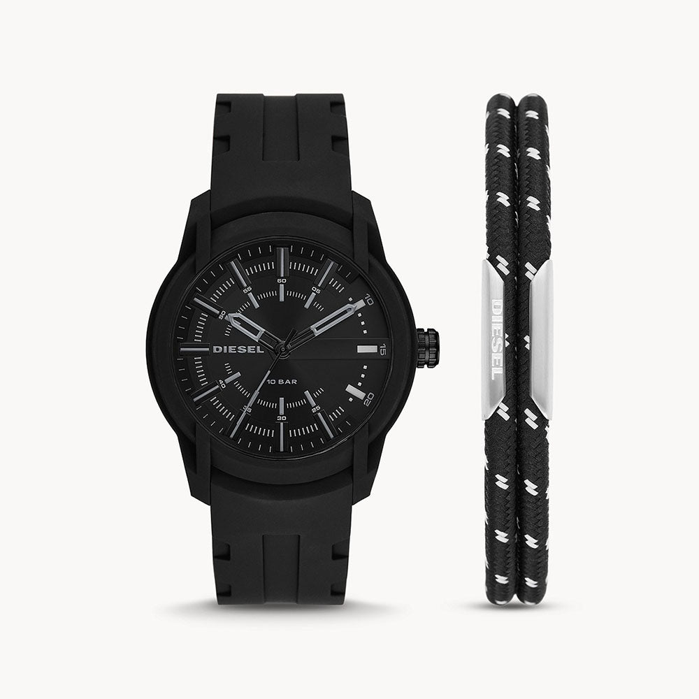 Diesel Armbar Three-Hand Black Silicone Watch And Bracelet Set