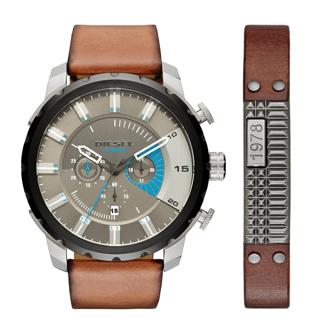 DIESEL MEN'S GRAY DIAL LEATHER BAND CHRONOGRAPH WATCH