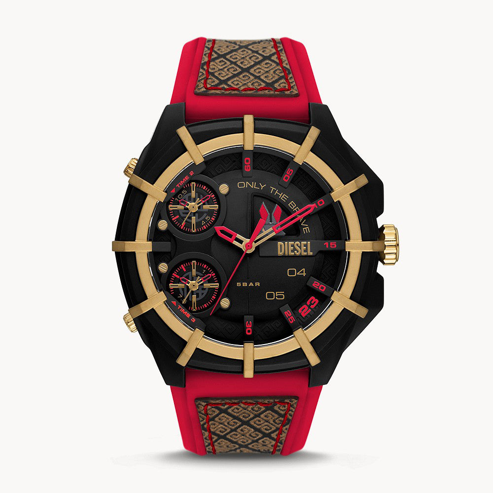 DIESEL FRAMED THREE-HAND BLACK AND RED LEATHER AND SILICONE WATCH