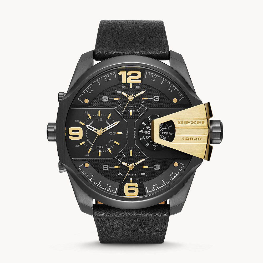 DIESEL MEN'S UBER CHIEF TWO-HAND BLACK LEATHER WATCH