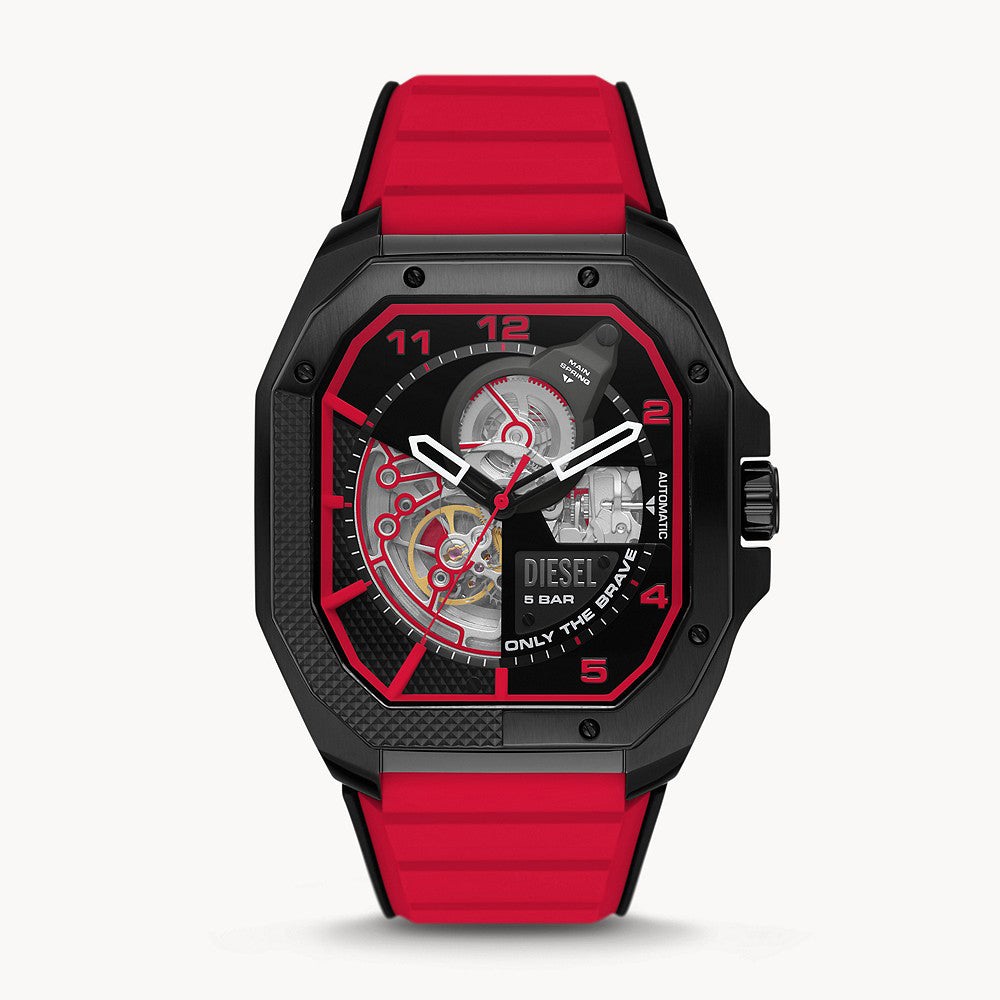 DIESEL FLAYED AUTOMATIC THREE-HAND BLACK AND RED SILICONE WATCH