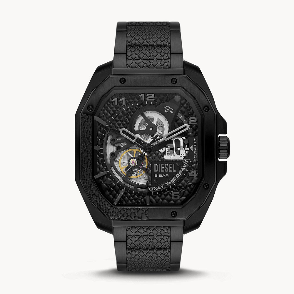 DIESEL FLAYED AUTOMATIC THREE-HAND BLACK-TONE STAINLESS STEEL WATCH