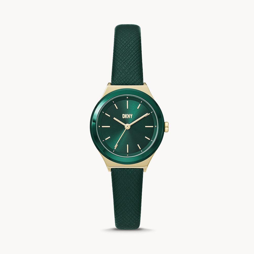 DKNY PARSONS THREE-HAND GREEN LEATHER WATCH