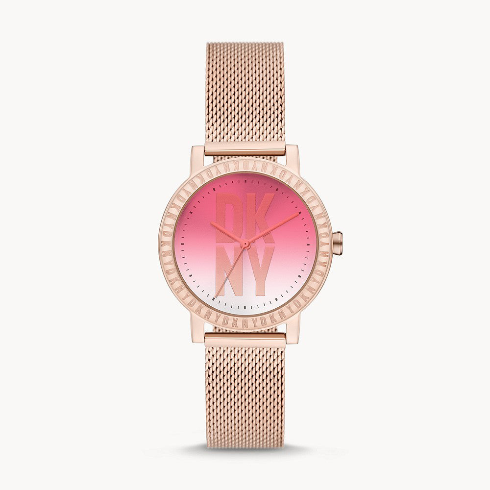 DKNY SOHO D THREE-HAND ROSE GOLD-TONE STAINLESS STEEL MESH WATCH