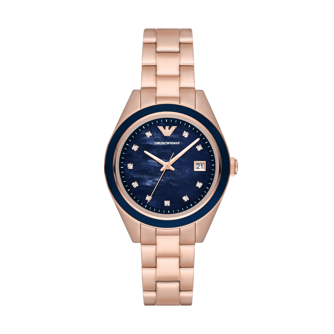 EMPORIO ARMANI THREE-HAND DATE ROSE GOLD-TONE STAINLESS STEEL WATCH