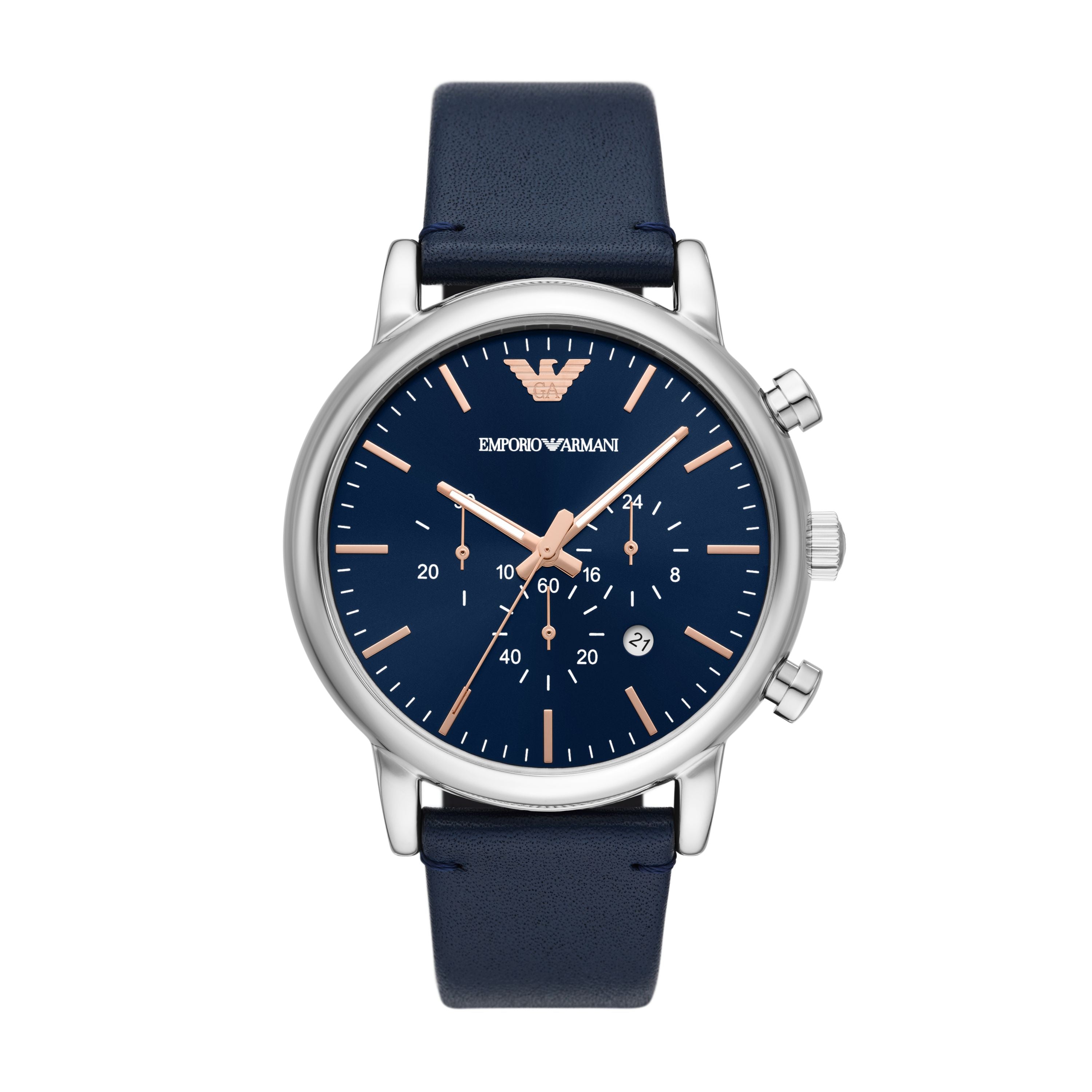 EMPORIO ARMANI CHRONOGRAPH BLUE LEATHER WATCH