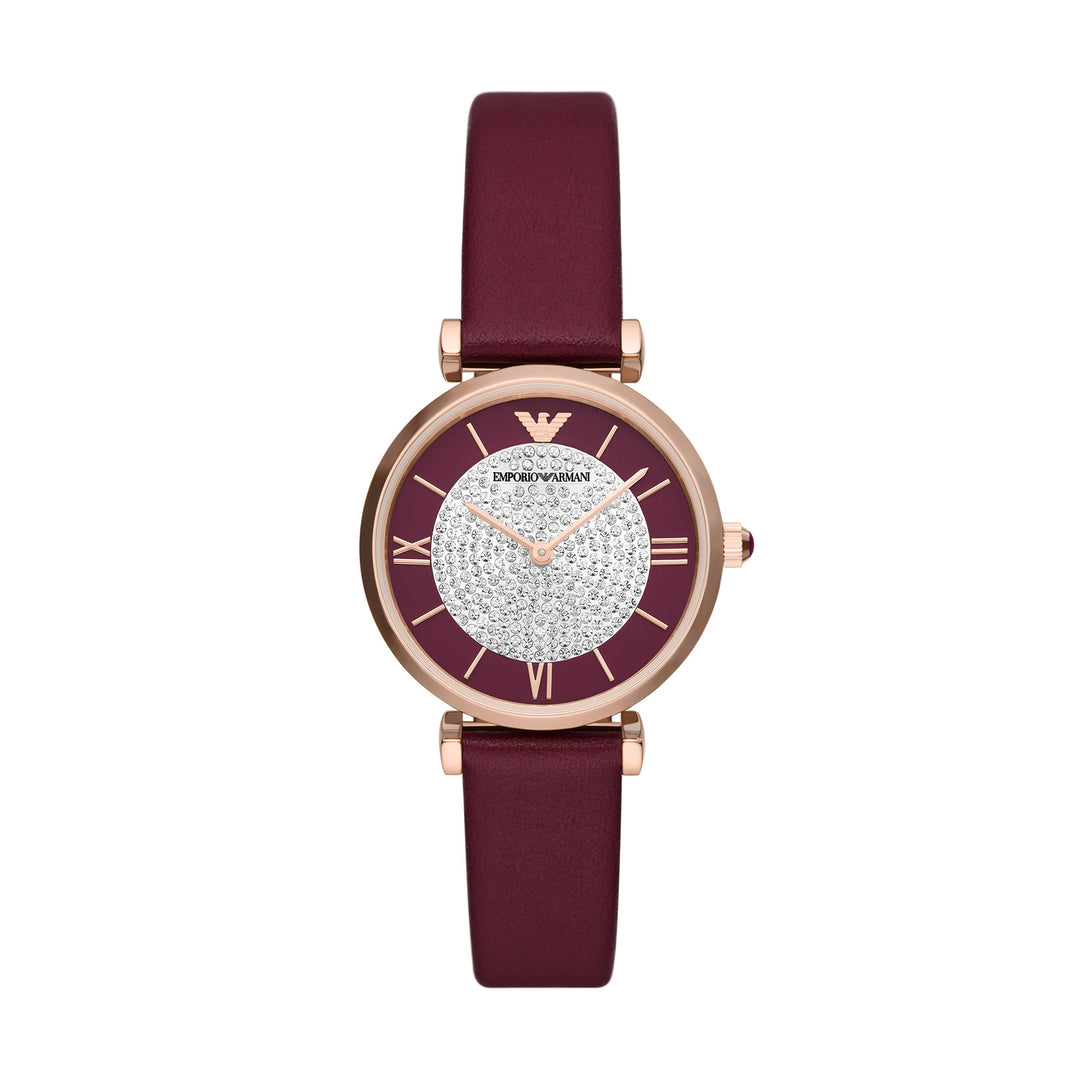 EMPORIO ARMANI TWO-HAND BURGUNDY LEATHER WATCH