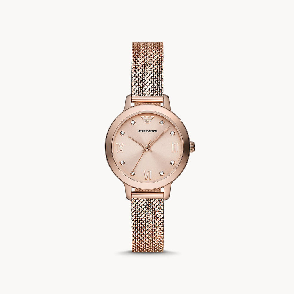 EMPORIO ARMANI THREE-HAND ROSE GOLD-TONE STAINLESS STEEL MESH WATCH