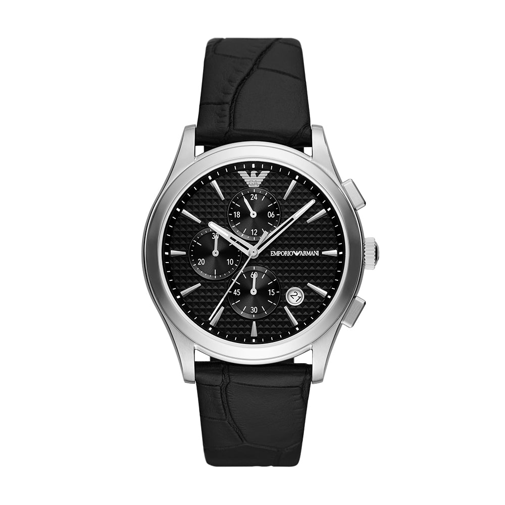 EMPORIO ARMANI CHRONOGRAPH BLACK LEATHER WATCH