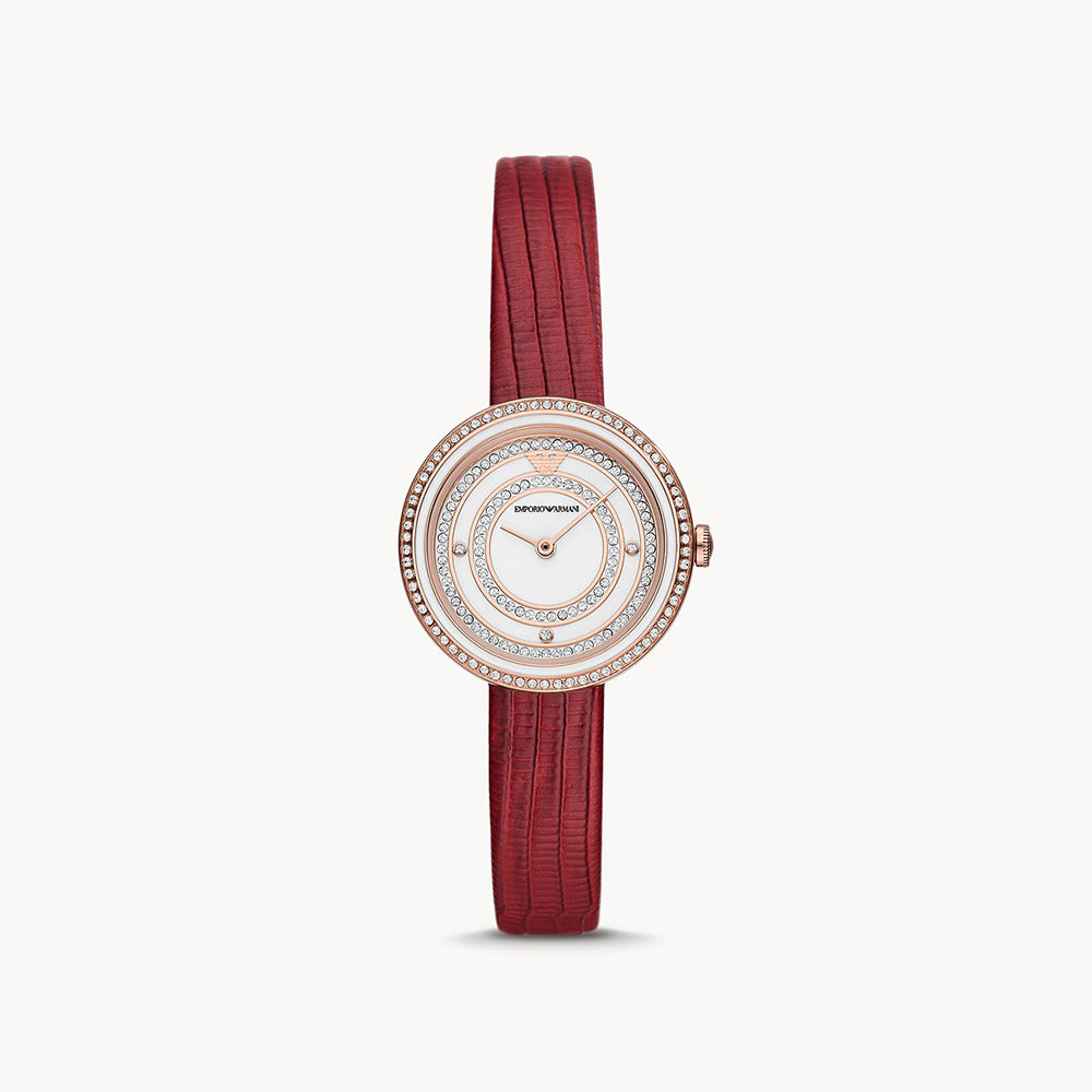 EMPORIO ARMANI TWO-HAND RED LEATHER WATCH