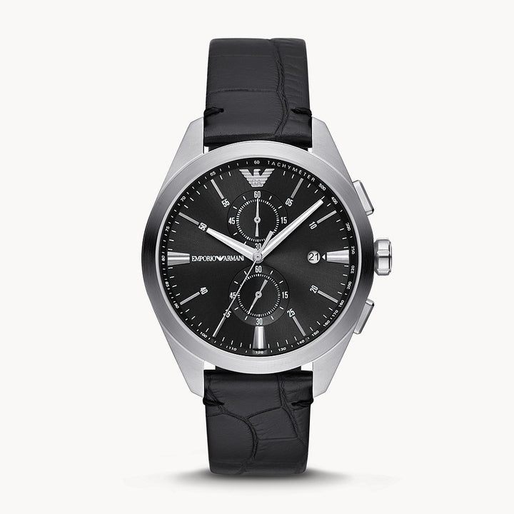 EMPORIO ARMANI CHRONOGRAPH BLACK LEATHER WATCH