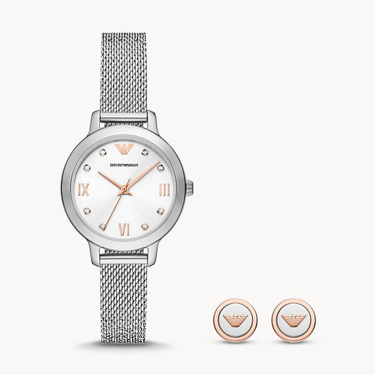 Emporio Armani Set with Three-Hand Stainless Steel Mesh Watch and Earings
