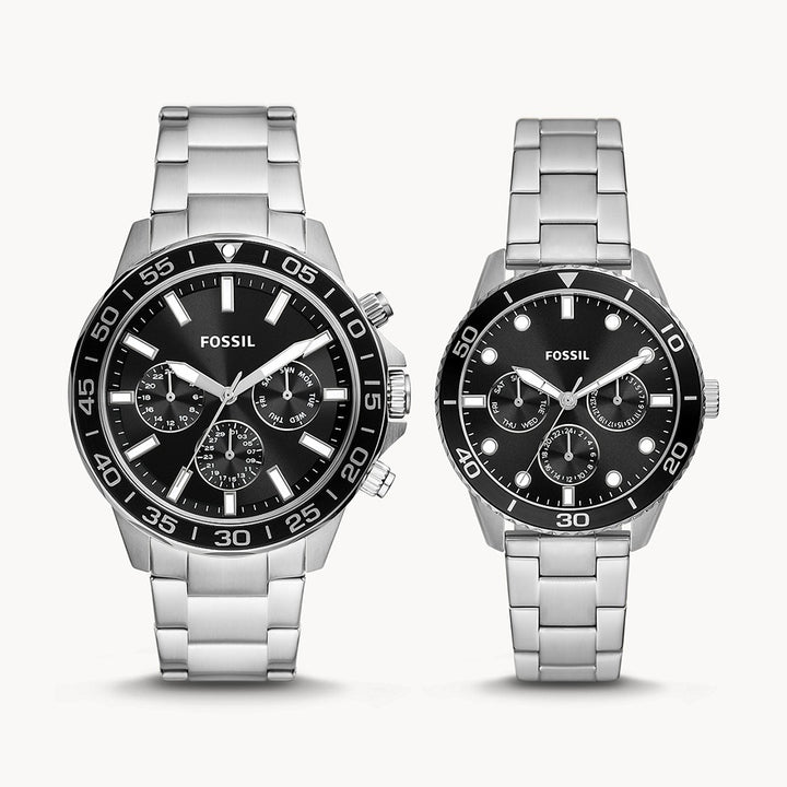 Fossil Bannon Silver Stainless Steel Couple Set Watch - BQ2753SET