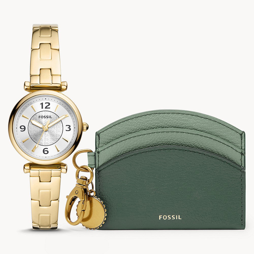 Fossil Carlie Three-Hand Gold-Tone Stainless Steel Women's Watch And Card Case Box Set - ES5183SET