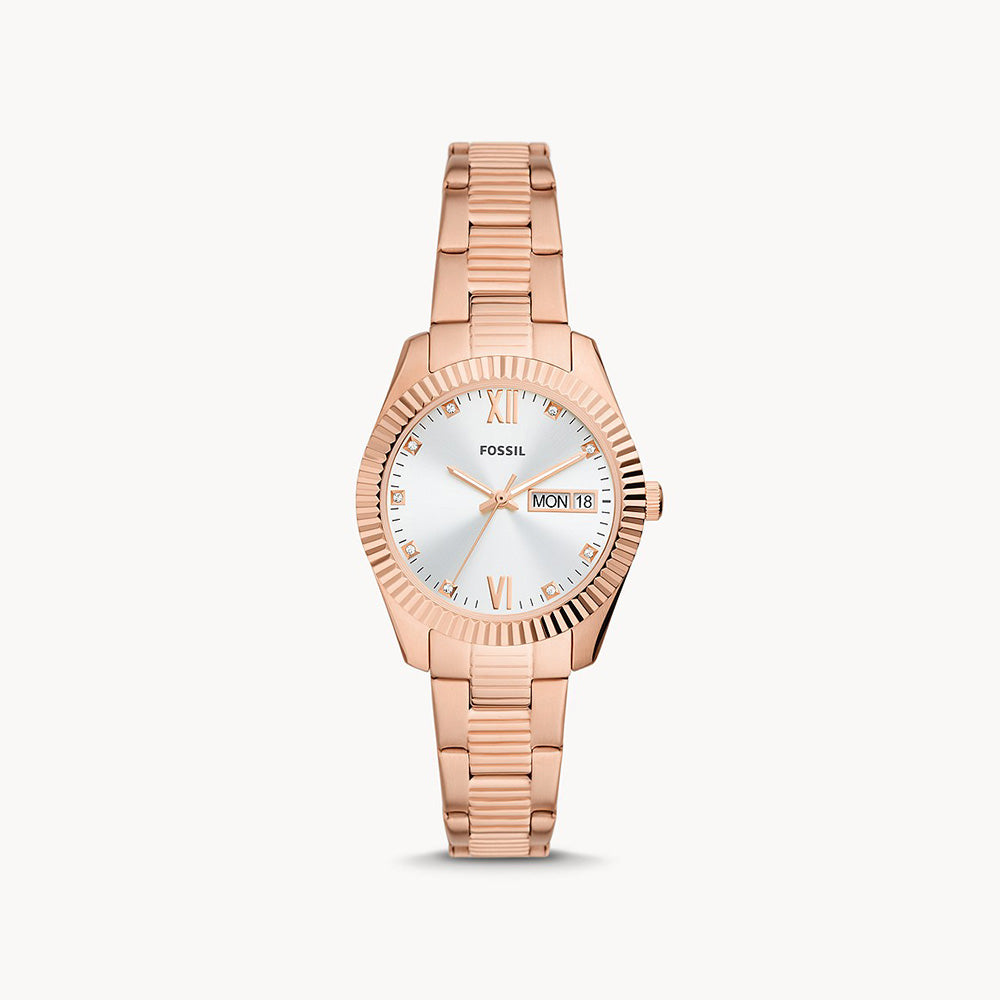 Fossil Scarlette Three Hand Day Date Rose Gold Tone Stainless Steel Women's Watch - ES5200