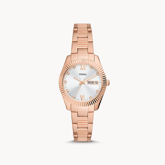 Fossil Scarlette Three Hand Day Date Rose Gold Tone Stainless Steel Women's Watch