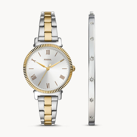Fossil Daisy Three-Hand Two-Tone Stainless Steel Women's Watch And Bracelet Set