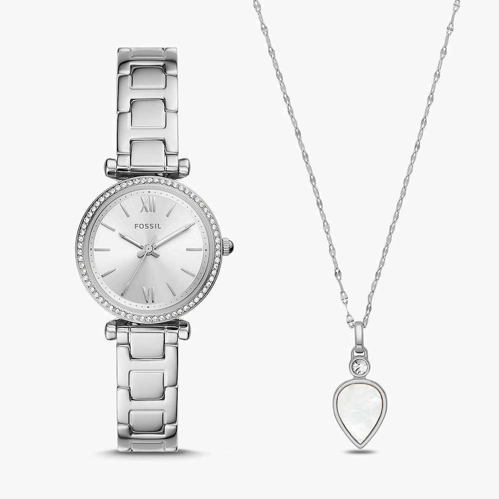 Fossil Carlie Three-Hand Stainless Steel Women's Watch And Necklace Set - ES5250SET