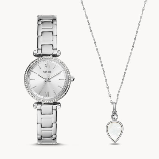 Fossil Carlie Three-Hand Stainless Steel Women's Watch And Necklace Set