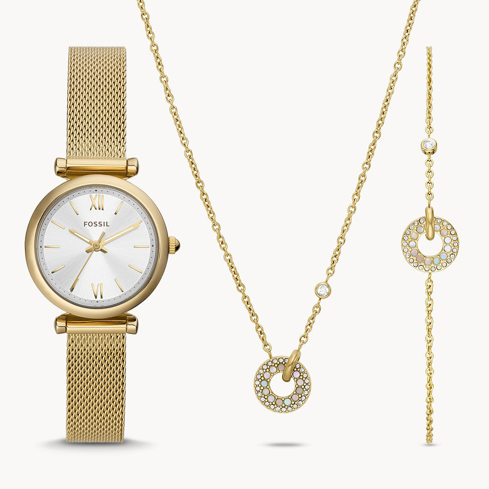 Fossil Carlie Three-Hand Gold-Tone Stainless Steel Mesh Women's Watch And Jewelry Set - ES5251SET