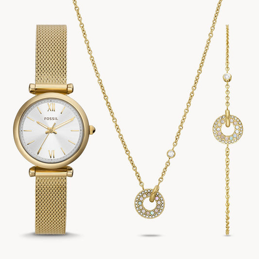 Fossil Carlie Three-Hand Gold-Tone Stainless Steel Mesh Women's Watch And Jewelry Set