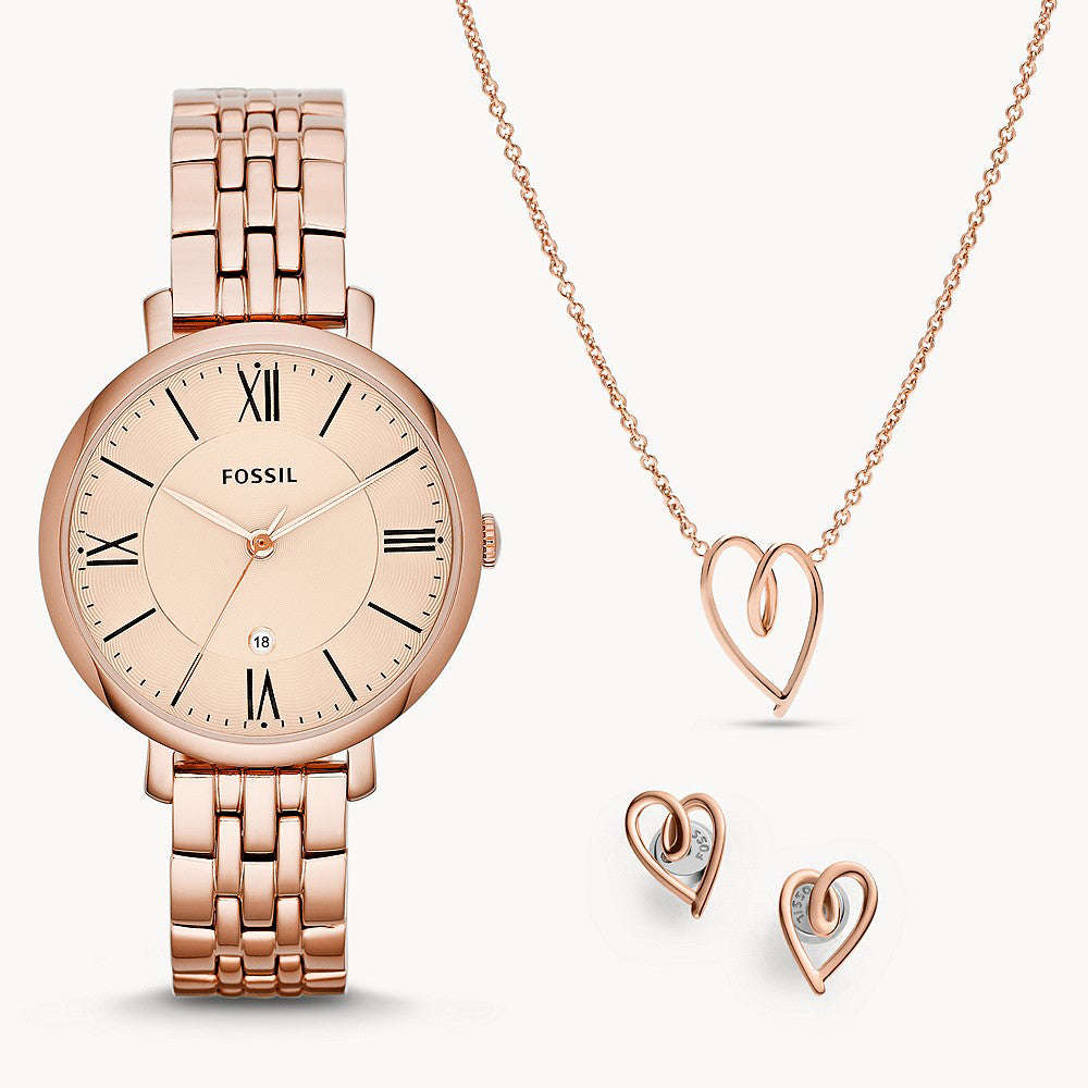 Fossil Jacqueline Three-Hand Date Rose Gold-Tone Stainless Steel Women's Watch And Jewelry Set - ES5252SET