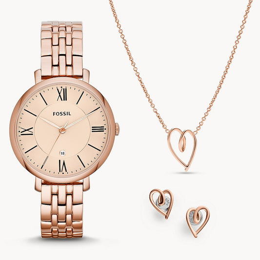 Fossil Jacqueline Three-Hand Date Rose Gold-Tone Stainless Steel Women's Watch And Jewelry Set
